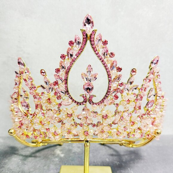 Bridal Tiara Crown, Gold Crystal Beaded Headpiece, Gold Pageant Crown - Picture 3 of 8